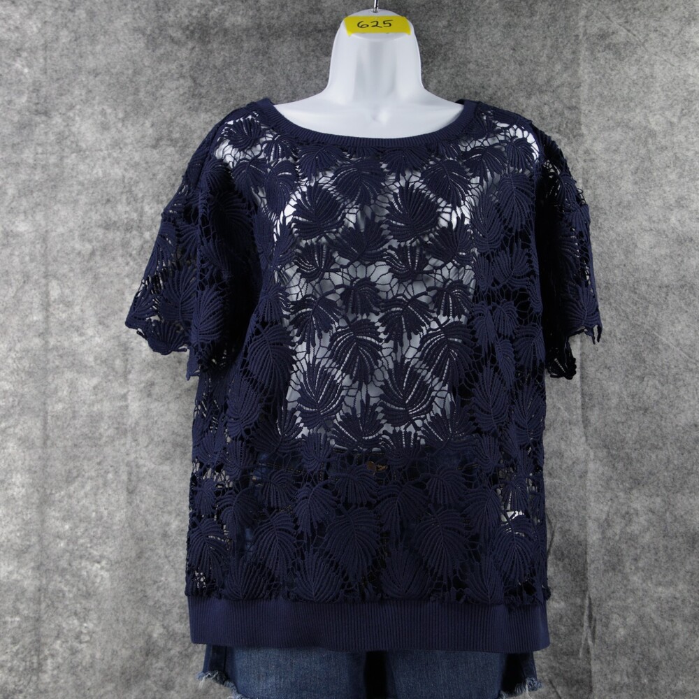 Lilly Pulitzer Shirt Top Womens Small Dark Blue Palm Tree Lace Open Knit - Picture 3 of 10